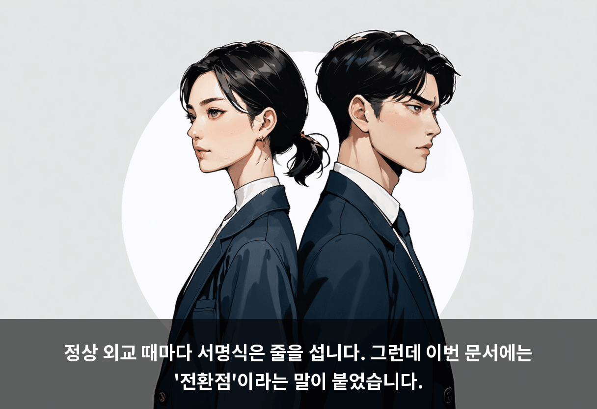 정상 외교 때마다 서명식은 줄을 섭니다. 그런데 이번 문서에는 '전환점'이라는 말이 붙었습니다.