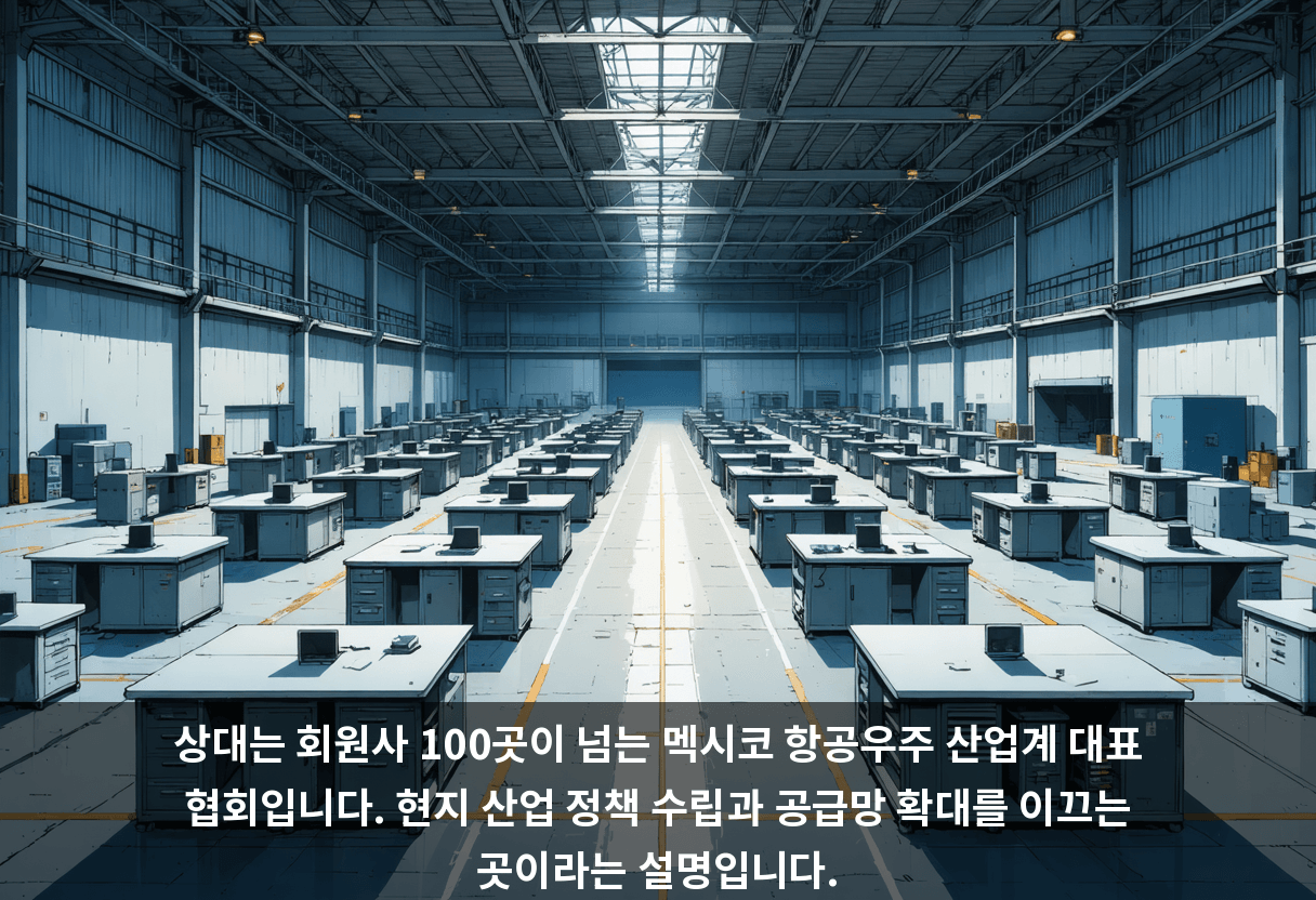 상대는 회원사 100곳이 넘는 멕시코 항공우주 산업계 대표 협회입니다. 현지 산업 정책 수립과 공급망 확대를 이끄는 곳이라는 설명입니다.
