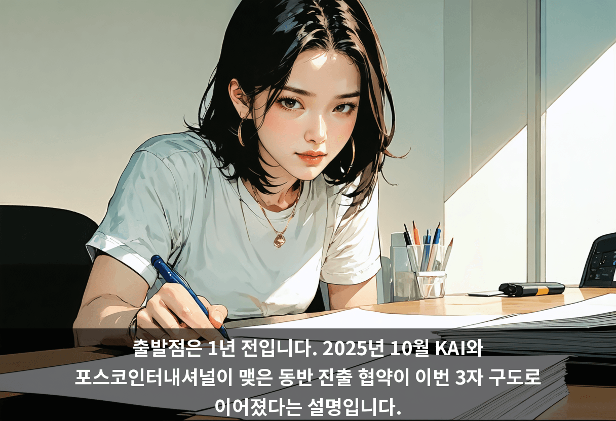 출발점은 1년 전입니다. 2025년 10월 KAI와 포스코인터내셔널이 맺은 동반 진출 협약이 이번 3자 구도로 이어졌다는 설명입니다.