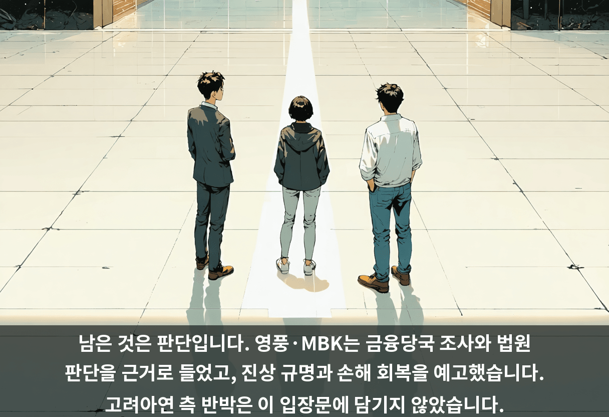남은 것은 판단입니다. 영풍·MBK는 금융당국 조사와 법원 판단을 근거로 들었고, 진상 규명과 손해 회복을 예고했습니다. 고려아연 측 반박은 이 입장문에 담기지 않았습니다.