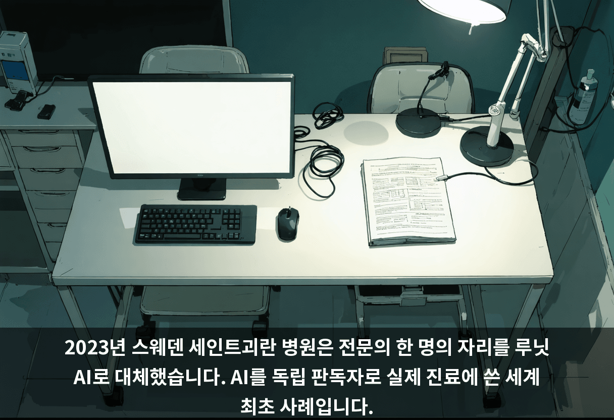 2023년 스웨덴 세인트괴란 병원은 전문의 한 명의 자리를 루닛 AI로 대체했습니다. AI를 독립 판독자로 실제 진료에 쓴 세계 최초 사례입니다.
