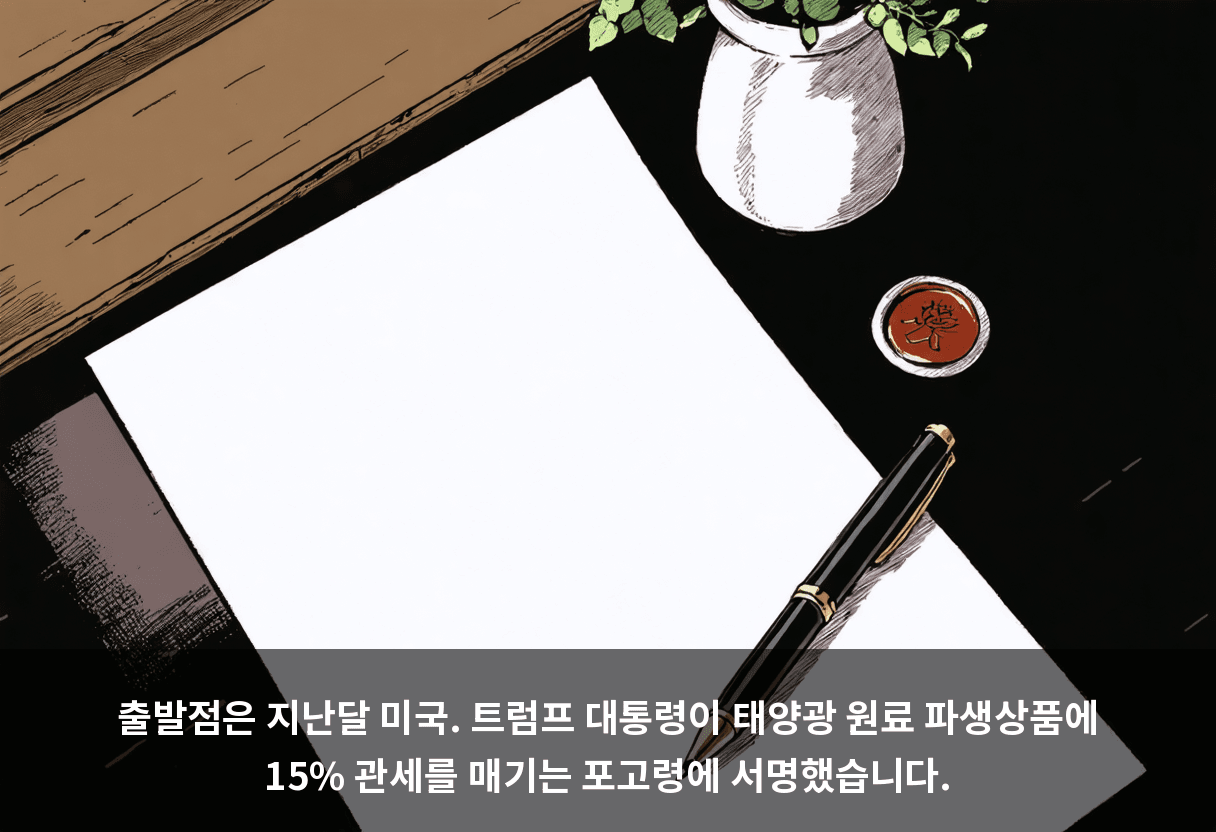 출발점은 지난달 미국. 트럼프 대통령이 태양광 원료 파생상품에 15% 관세를 매기는 포고령에 서명했습니다.