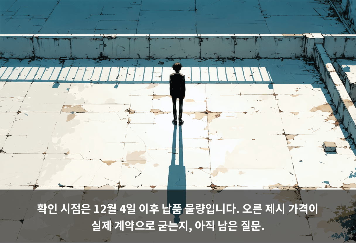 확인 시점은 12월 4일 이후 납품 물량입니다. 오른 제시 가격이 실제 계약으로 굳는지, 아직 남은 질문.