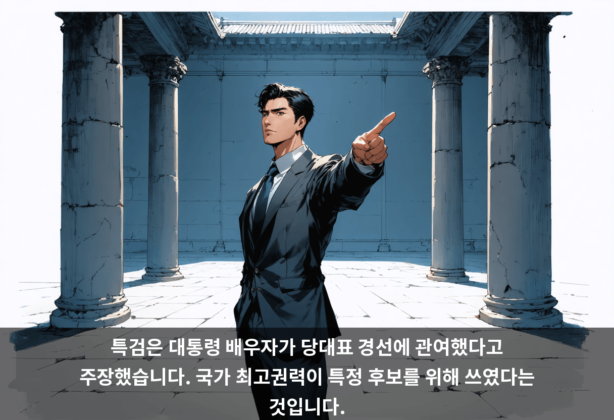 특검은 대통령 배우자가 당대표 경선에 관여했다고 주장했습니다. 국가 최고권력이 특정 후보를 위해 쓰였다는 것입니다.