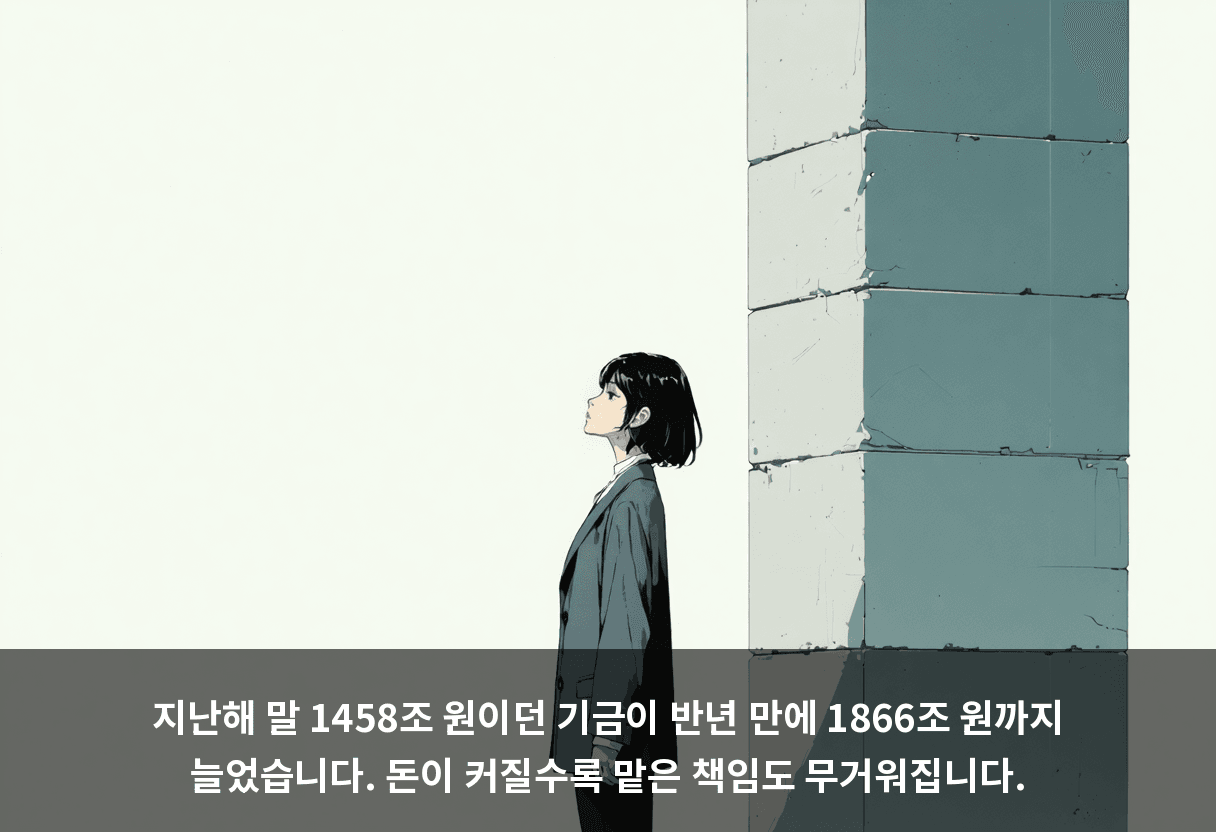 지난해 말 1458조 원이던 기금이 반년 만에 1866조 원까지 늘었습니다. 돈이 커질수록 맡은 책임도 무거워집니다.