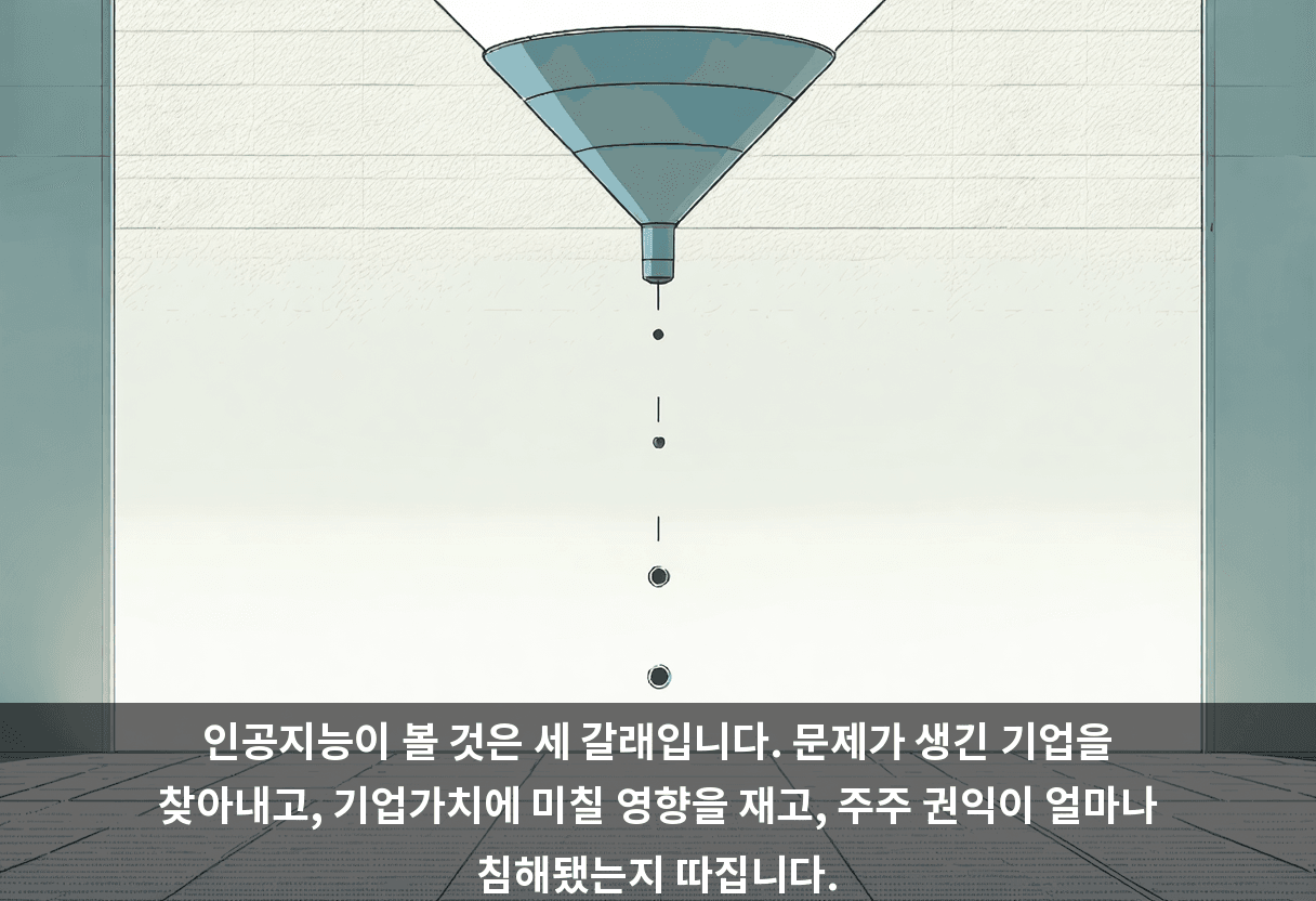 인공지능이 볼 것은 세 갈래입니다. 문제가 생긴 기업을 찾아내고, 기업가치에 미칠 영향을 재고, 주주 권익이 얼마나 침해됐는지 따집니다.