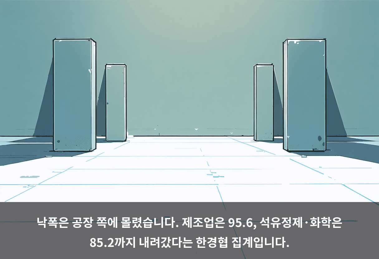 낙폭은 공장 쪽에 몰렸습니다. 제조업은 95.6, 석유정제·화학은 85.2까지 내려갔다는 한경협 집계입니다.