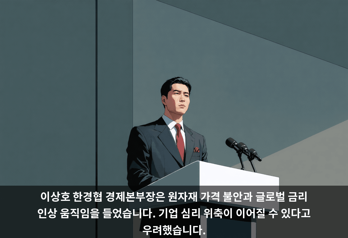 이상호 한경협 경제본부장은 원자재 가격 불안과 글로벌 금리 인상 움직임을 들었습니다. 기업 심리 위축이 이어질 수 있다고 우려했습니다.