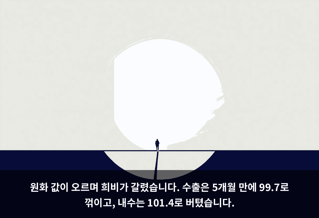 원화 값이 오르며 희비가 갈렸습니다. 수출은 5개월 만에 99.7로 꺾이고, 내수는 101.4로 버텼습니다.