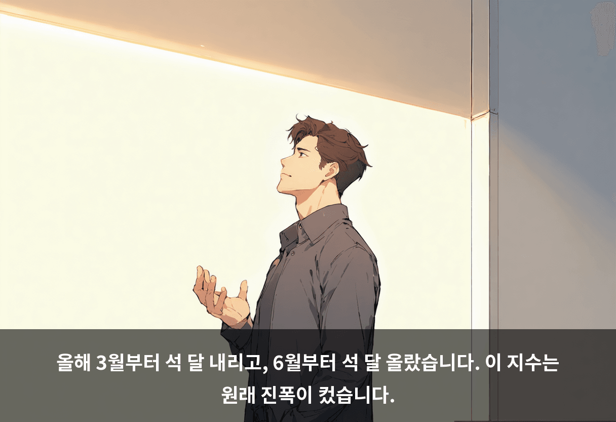 올해 3월부터 석 달 내리고, 6월부터 석 달 올랐습니다. 이 지수는 원래 진폭이 컸습니다.