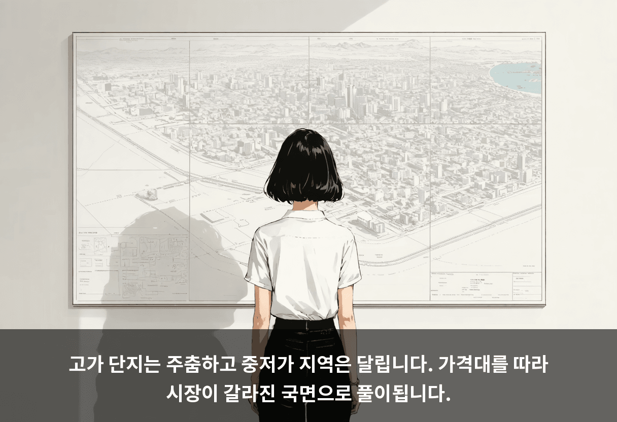 고가 단지는 주춤하고 중저가 지역은 달립니다. 가격대를 따라 시장이 갈라진 국면으로 풀이됩니다.