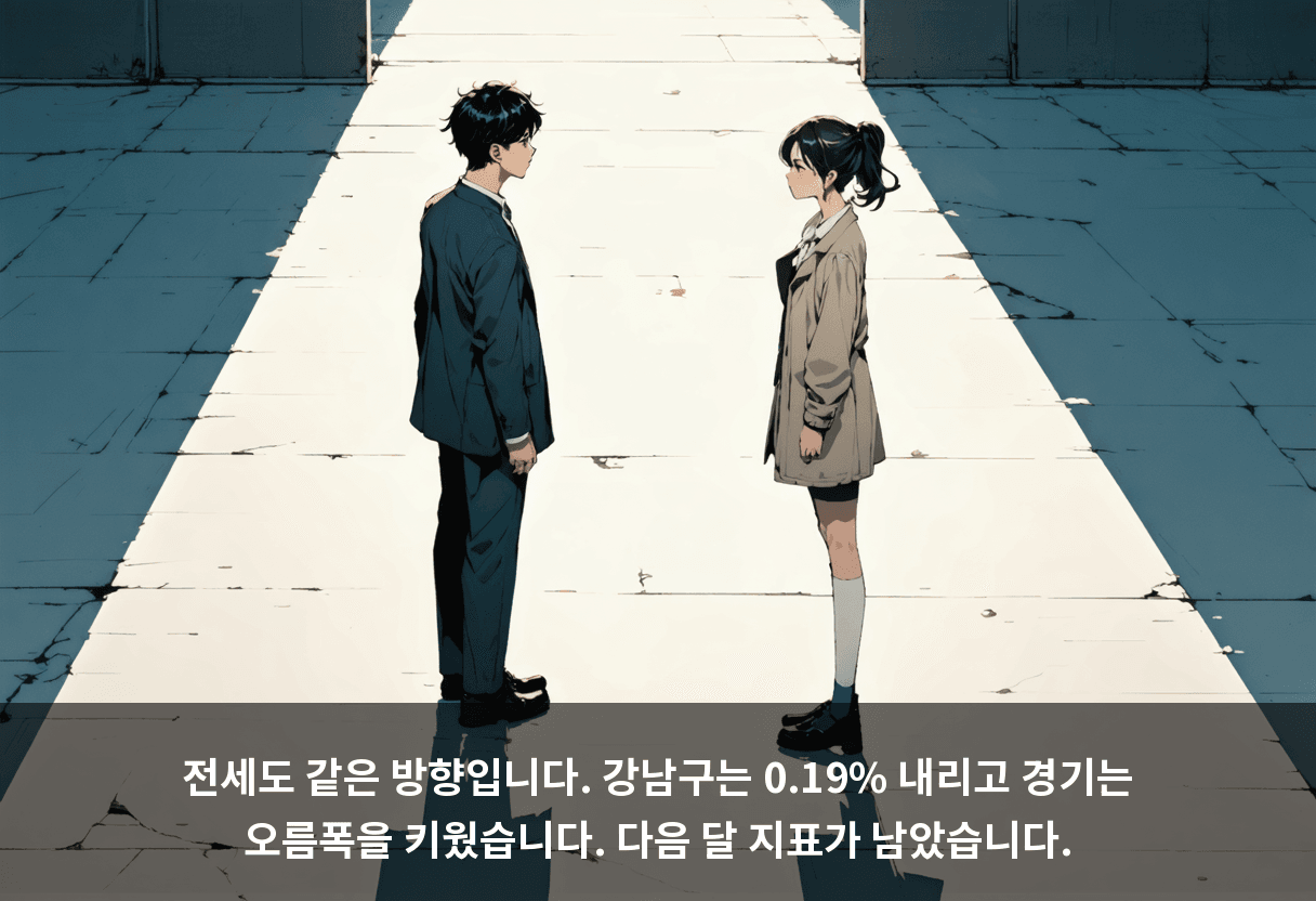 전세도 같은 방향입니다. 강남구는 0.19% 내리고 경기는 오름폭을 키웠습니다. 다음 달 지표가 남았습니다.