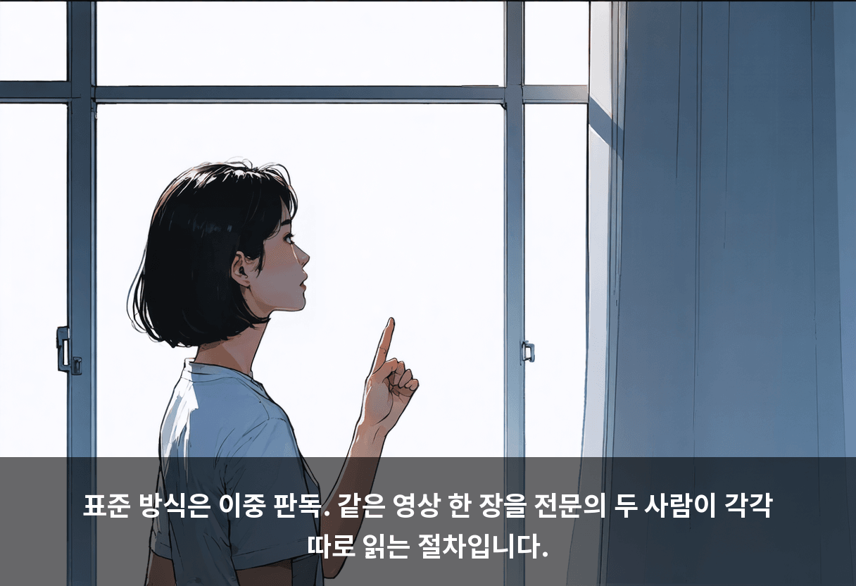 표준 방식은 이중 판독. 같은 영상 한 장을 전문의 두 사람이 각각 따로 읽는 절차입니다.