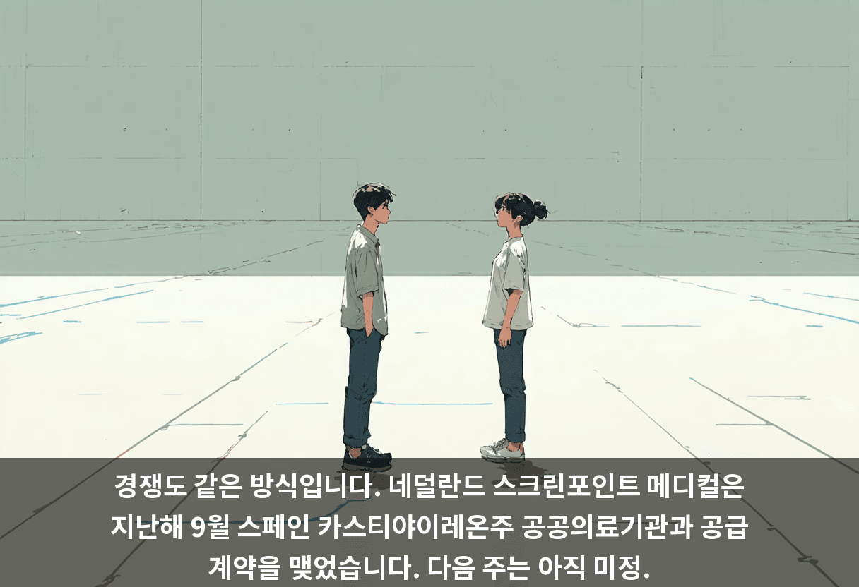 경쟁도 같은 방식입니다. 네덜란드 스크린포인트 메디컬은 지난해 9월 스페인 카스티야이레온주 공공의료기관과 공급 계약을 맺었습니다. 다음 주는 아직 미정.