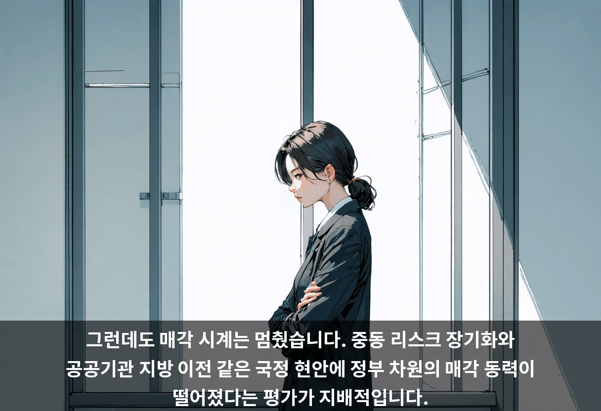중동 리스크는 길어지고 공공기관 지방 이전 같은 국정 현안도 쌓였습니다. 정부의 매각 동력이 떨어졌다는 평가가 지배적입니다.