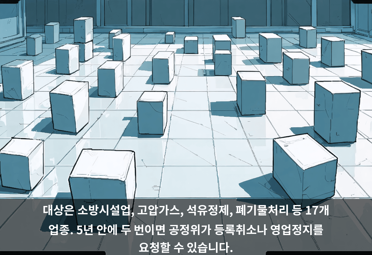 대상은 소방시설업, 고압가스, 석유정제, 폐기물처리 등 17개 업종. 5년 안에 두 번이면 공정위가 등록취소나 영업정지를 요청할 수 있습니다.