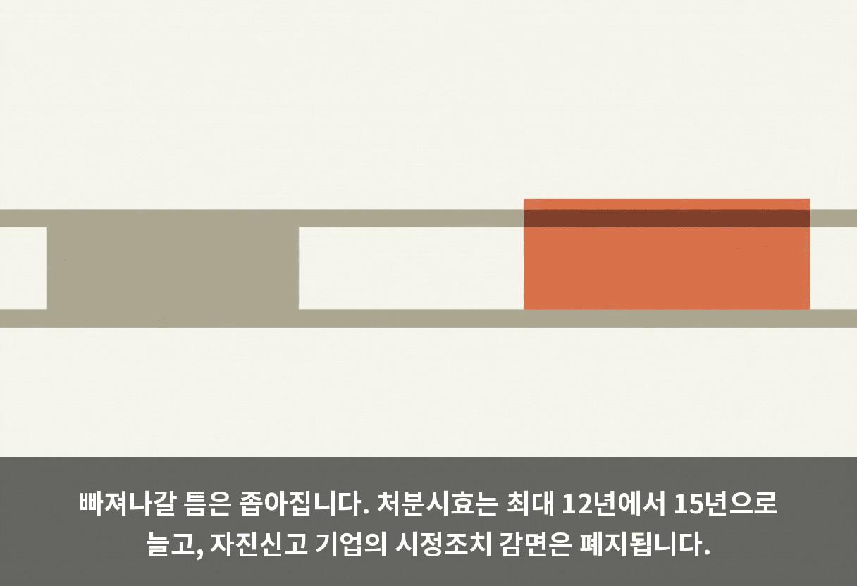 빠져나갈 틈은 좁아집니다. 처분시효는 최대 12년에서 15년으로 늘고, 자진신고 기업의 시정조치 감면은 폐지됩니다.