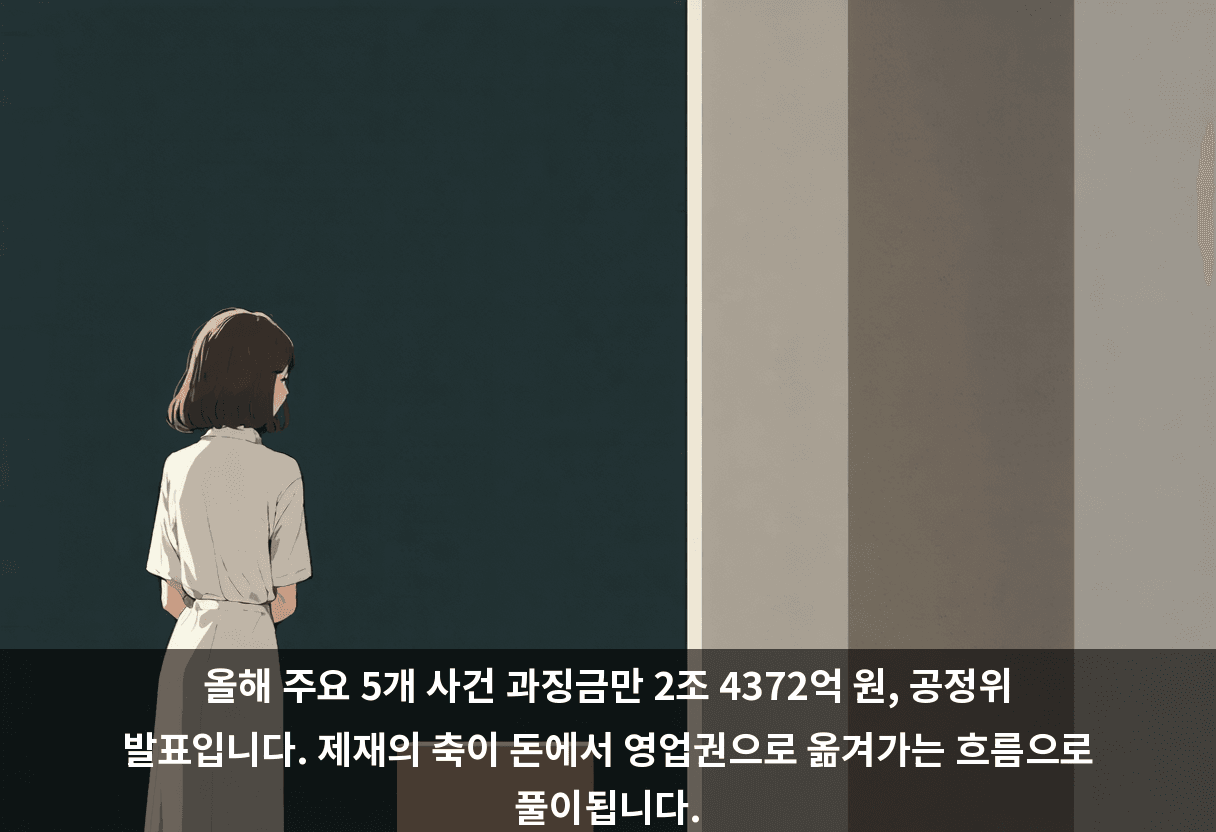 올해 주요 5개 사건 과징금만 2조 4372억 원, 공정위 발표입니다. 제재의 축이 돈에서 영업권으로 옮겨가는 흐름으로 풀이됩니다.