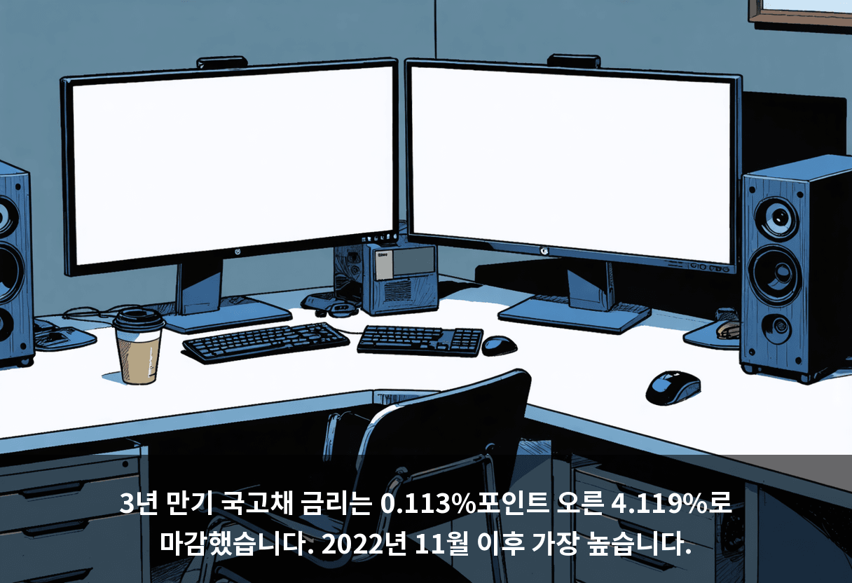 3년 만기 국고채 금리는 0.113%포인트 오른 4.119%로 마감했습니다. 2022년 11월 이후 가장 높습니다.