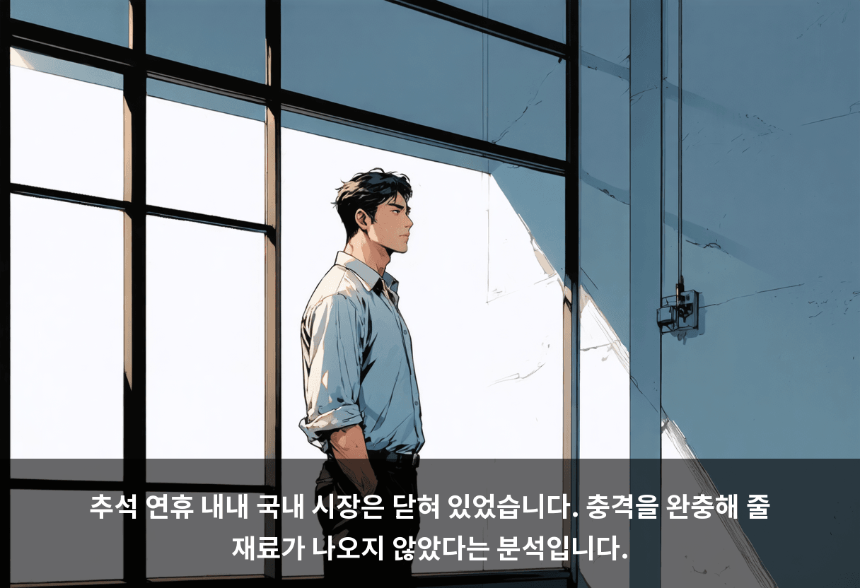 추석 연휴 내내 국내 시장은 닫혀 있었습니다. 충격을 완충해 줄 재료가 나오지 않았다는 분석입니다.