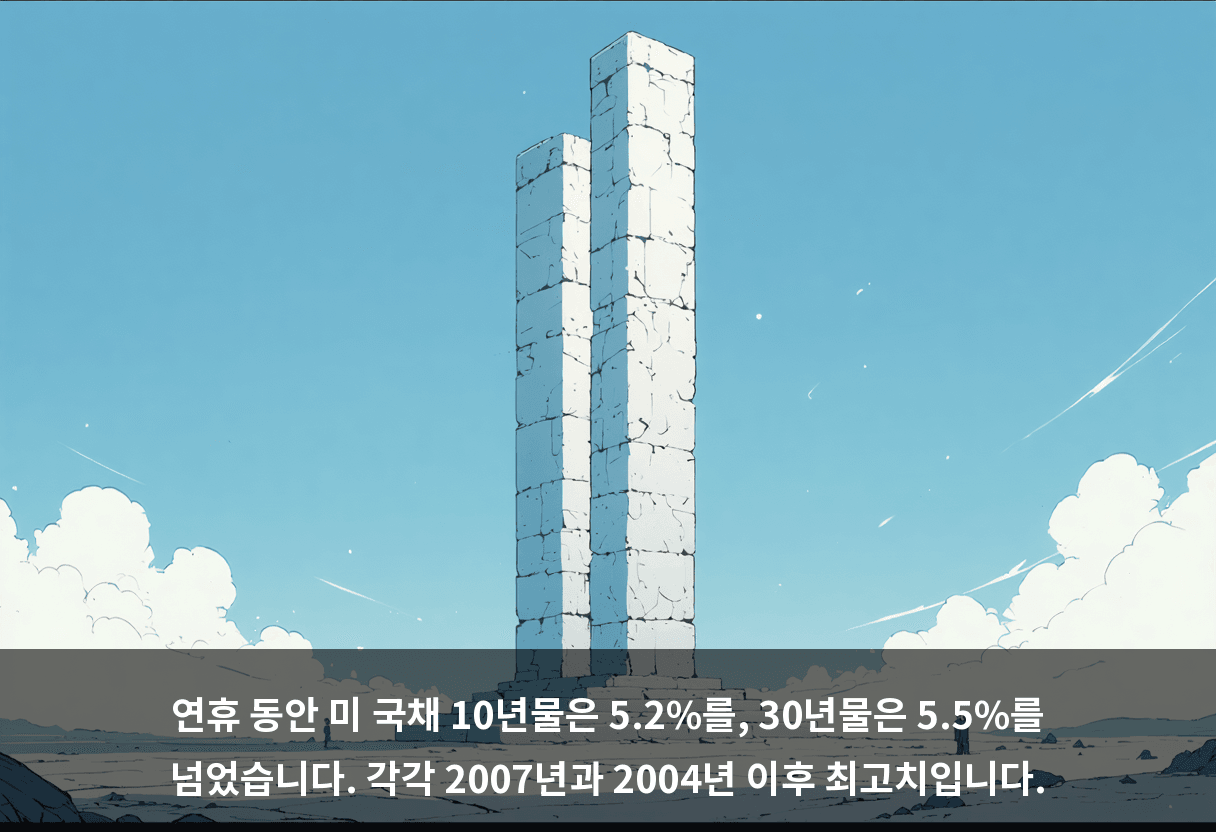 연휴 동안 미 국채 10년물은 5.2%를, 30년물은 5.5%를 넘었습니다. 각각 2007년과 2004년 이후 최고치입니다.