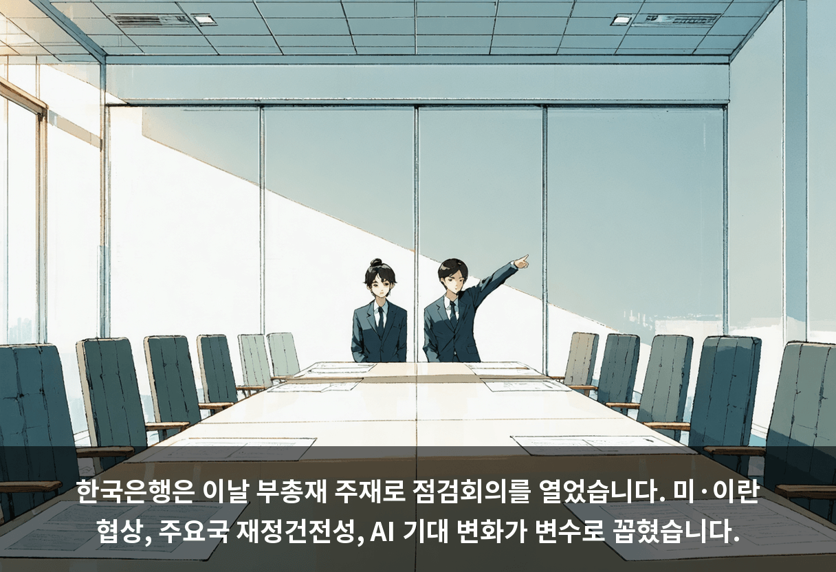 한국은행은 이날 부총재 주재로 점검회의를 열었습니다. 미·이란 협상, 주요국 재정건전성, AI 기대 변화가 변수로 꼽혔습니다.