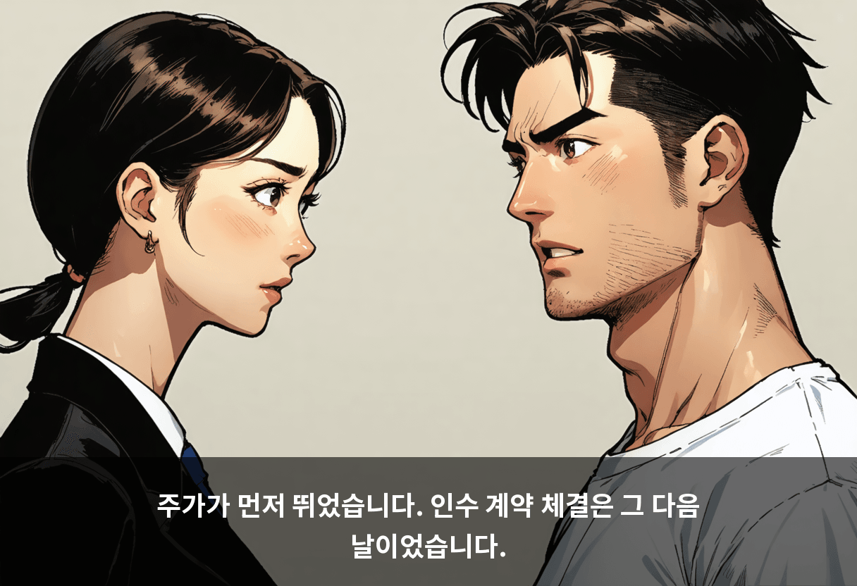 주가가 먼저 뛰었습니다. 인수 계약 체결은 그 다음 날이었습니다.