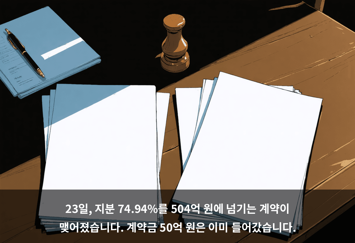 23일, 지분 74.94%를 504억 원에 넘기는 계약이 맺어졌습니다. 계약금 50억 원은 이미 들어갔습니다.