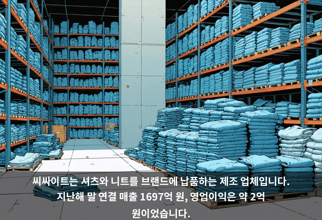 씨싸이트는 셔츠와 니트를 브랜드에 납품하는 제조 업체입니다. 지난해 말 연결 매출 1697억 원, 영업이익은 약 2억 원이었습니다.
