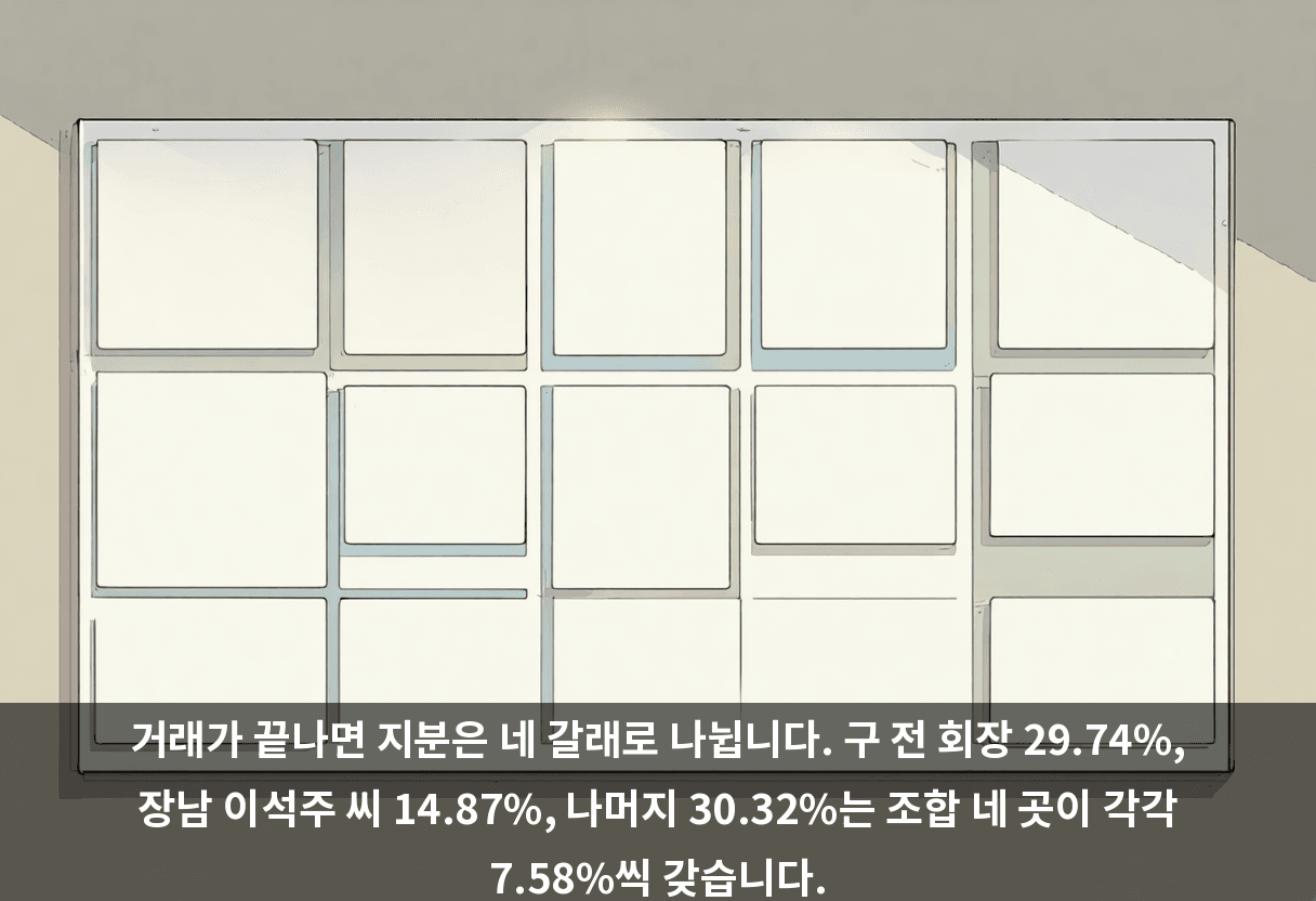 거래가 끝나면 지분은 네 갈래로 나뉩니다. 구 전 회장 29.74%, 장남 이석주 씨 14.87%, 나머지 30.32%는 조합 네 곳이 각각 7.58%씩 갖습니다.
