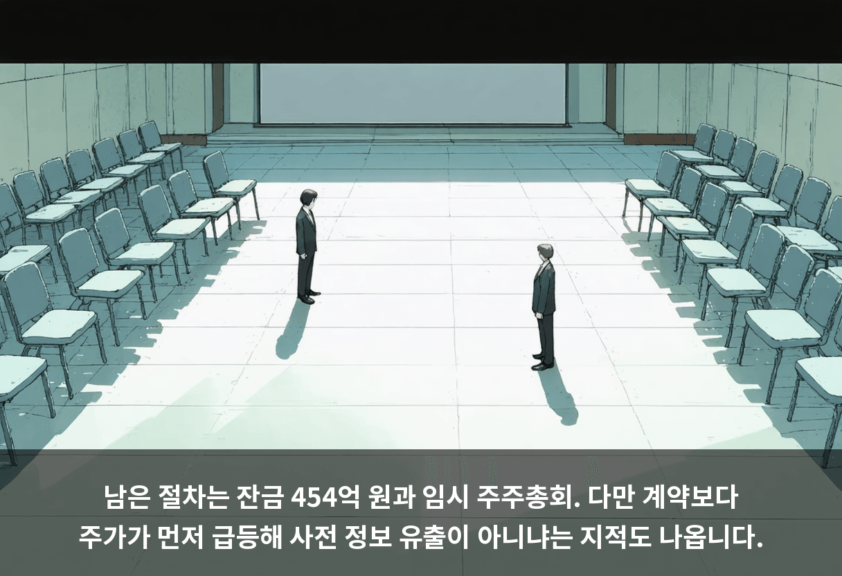 남은 절차는 잔금 454억 원과 임시 주주총회. 다만 계약보다 주가가 먼저 급등해 사전 정보 유출이 아니냐는 지적도 나옵니다.