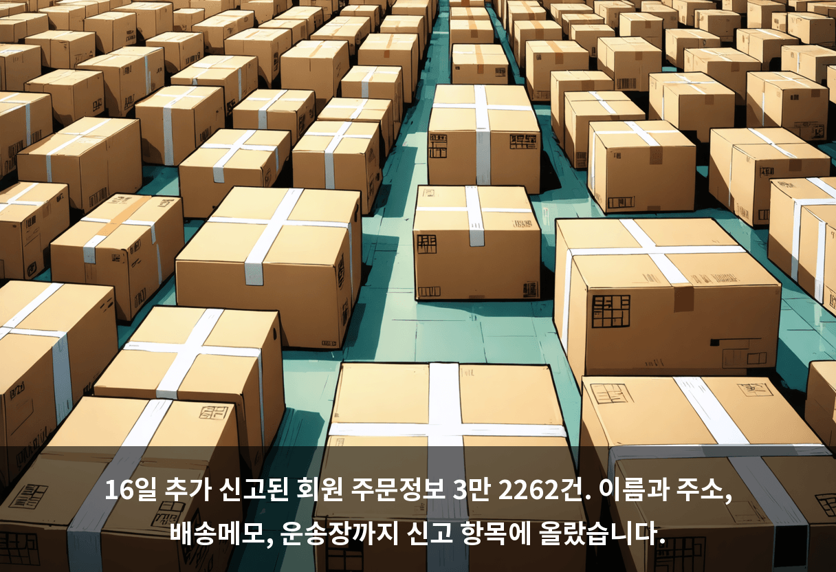 16일 추가 신고된 회원 주문정보 3만 2262건. 이름과 주소, 배송메모, 운송장까지 신고 항목에 올랐습니다.