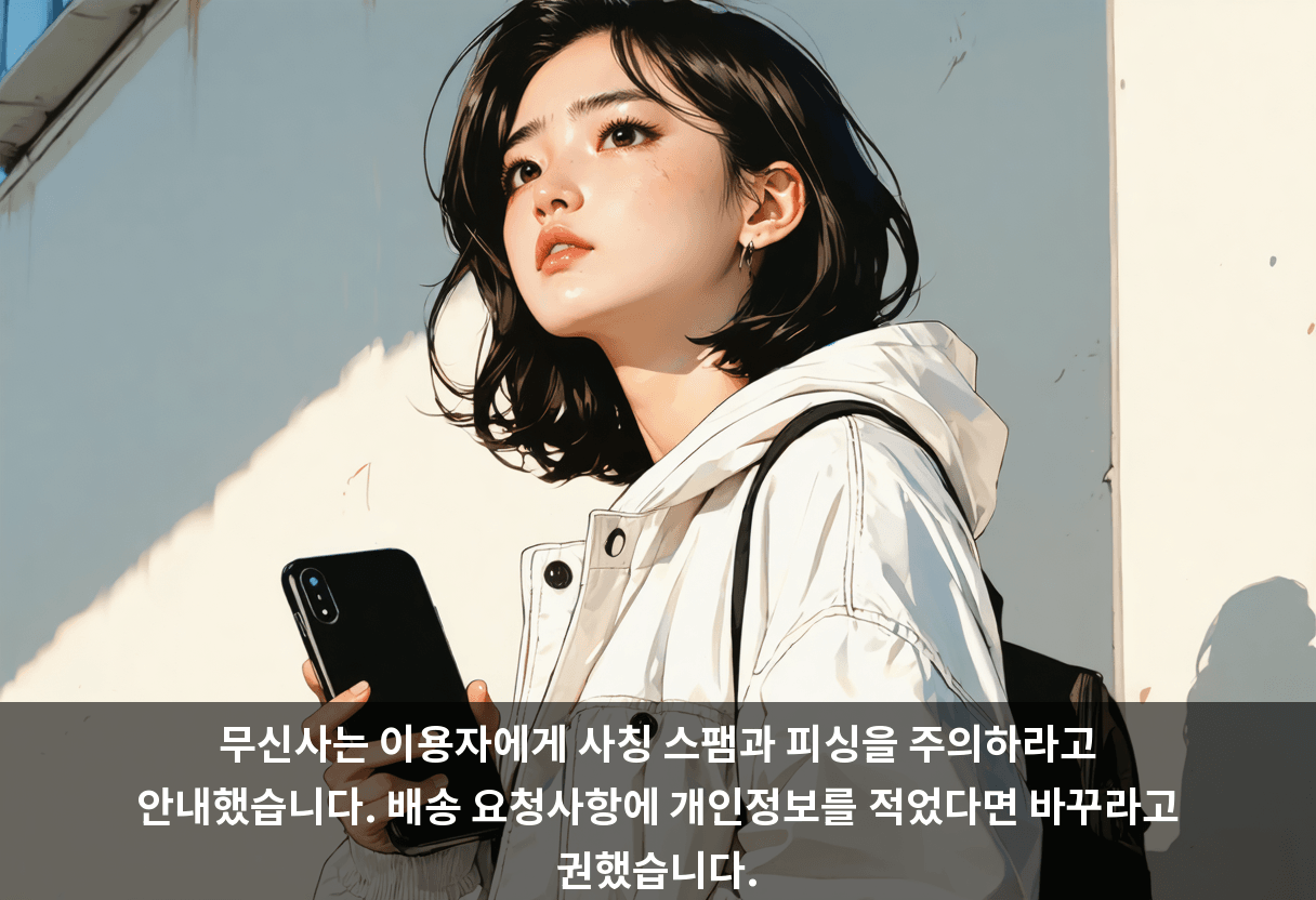 무신사는 이용자에게 사칭 스팸과 피싱을 주의하라고 안내했습니다. 배송 요청사항에 개인정보를 적었다면 바꾸라고 권했습니다.