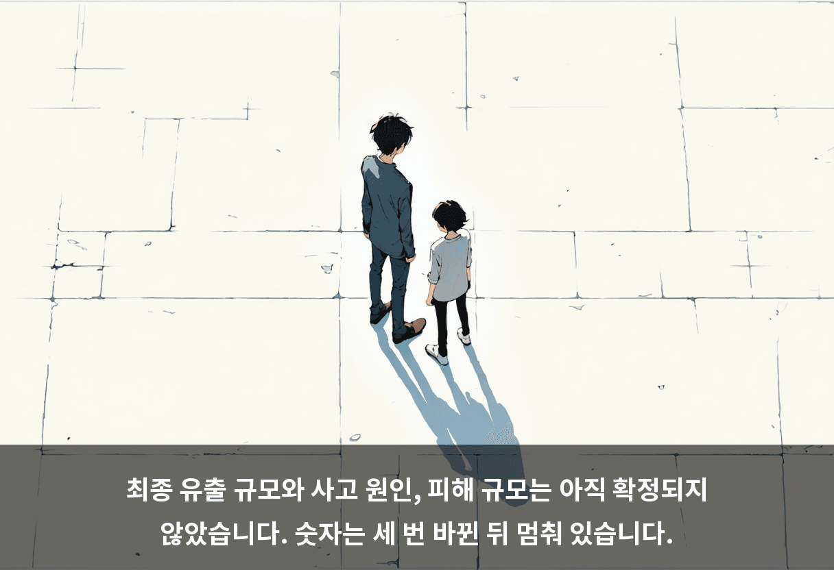 최종 유출 규모와 사고 원인, 피해 규모는 아직 확정되지 않았습니다. 숫자는 세 번 바뀐 뒤 멈춰 있습니다.