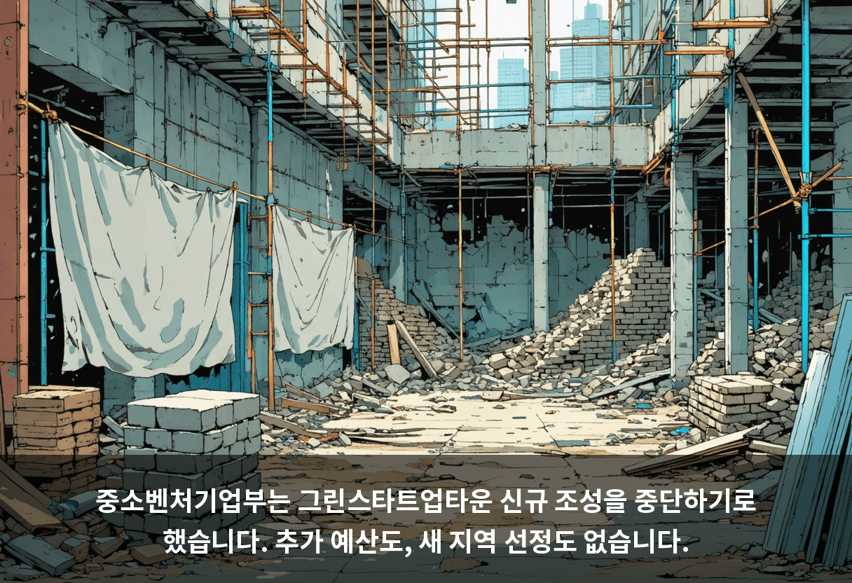 중소벤처기업부는 그린스타트업타운 신규 조성을 중단하기로 했습니다. 추가 예산도, 새 지역 선정도 없습니다.