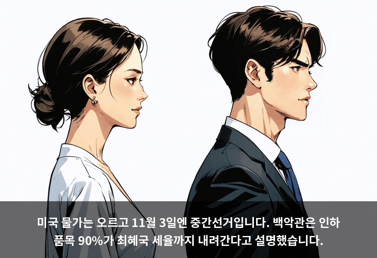 미국 물가는 오르고 11월 3일엔 중간선거입니다. 백악관은 인하 품목 90%가 최혜국 세율까지 내려간다고 설명했습니다.