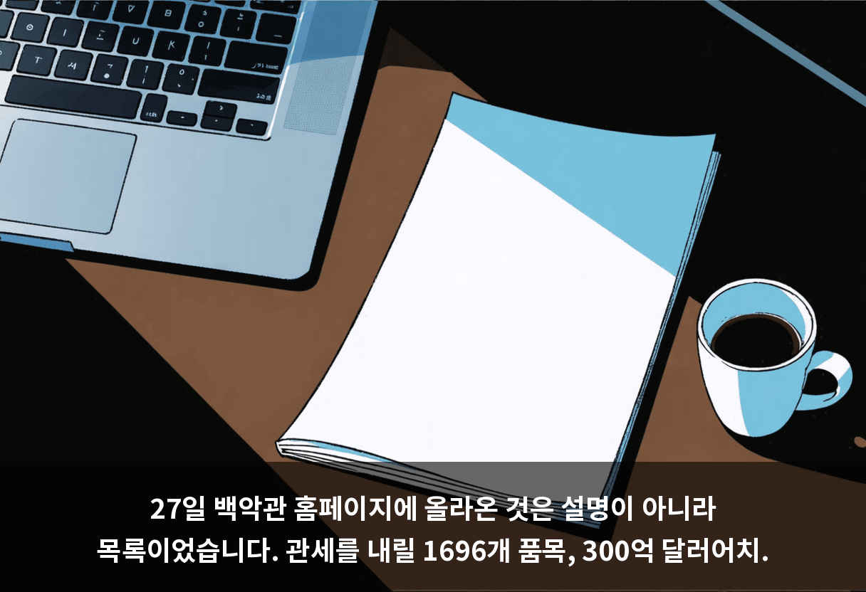 27일 백악관 홈페이지에 올라온 것은 설명이 아니라 목록이었습니다. 관세를 내릴 1696개 품목, 300억 달러어치.