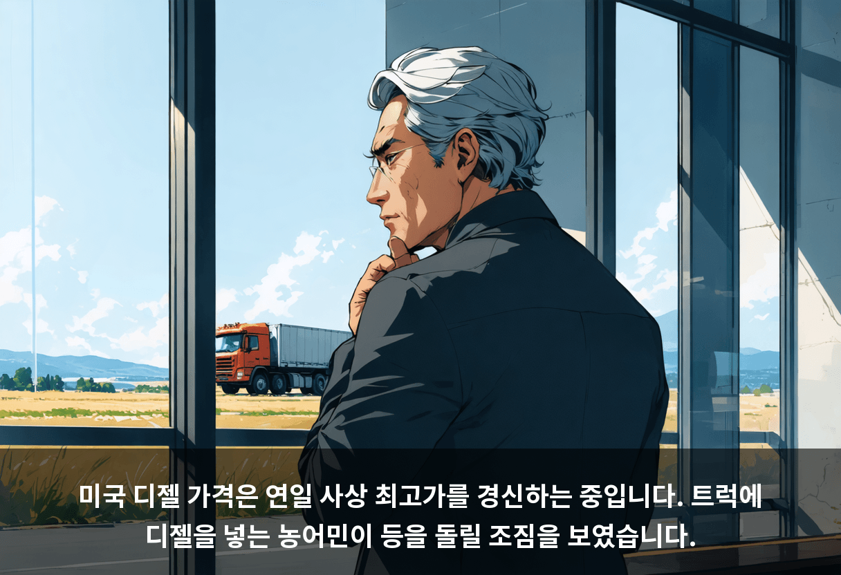 미국 디젤 가격은 연일 사상 최고가를 경신하는 중입니다. 트럭에 디젤을 넣는 농어민이 등을 돌릴 조짐을 보였습니다.