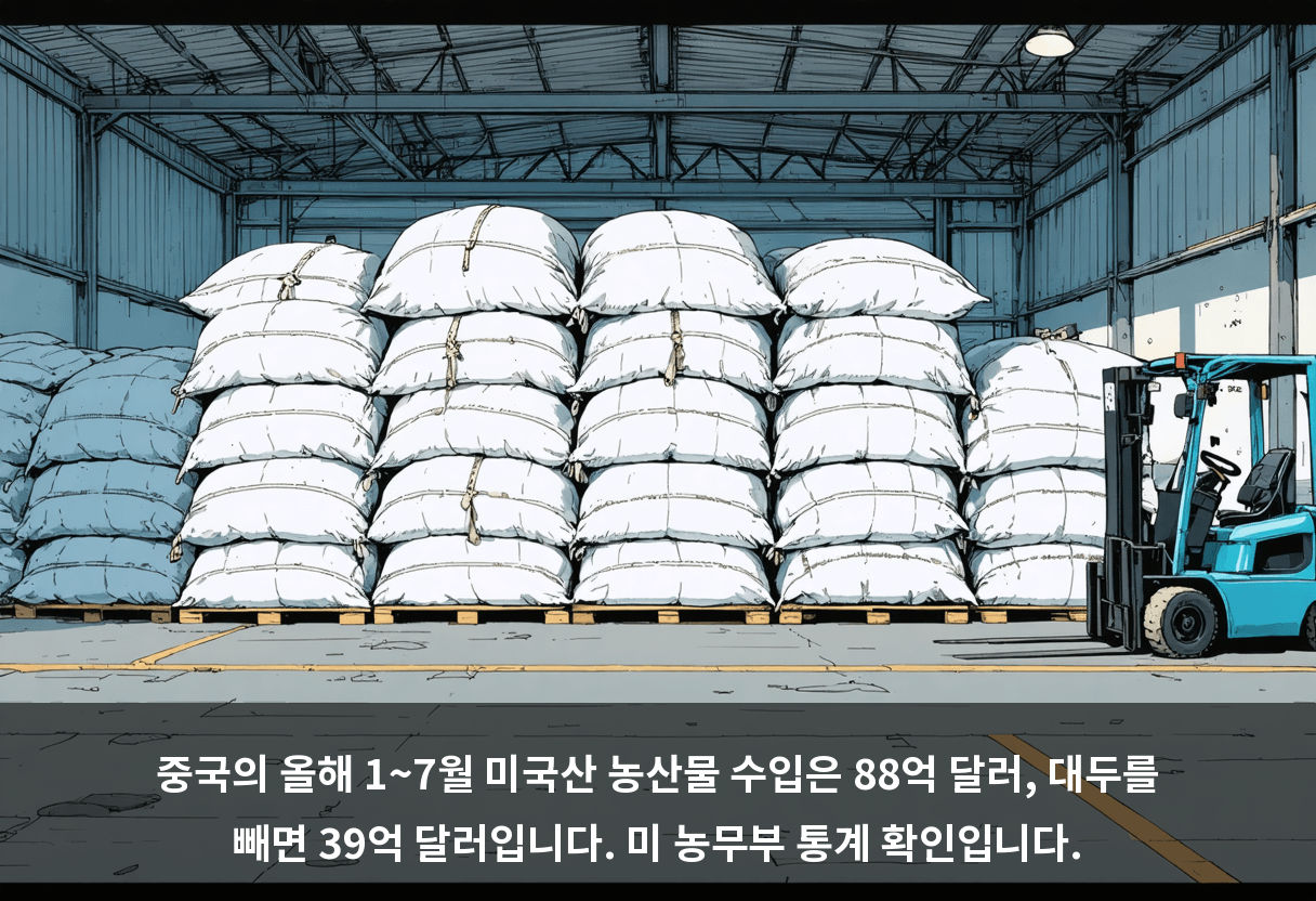 중국의 올해 1~7월 미국산 농산물 수입은 88억 달러, 대두를 빼면 39억 달러입니다. 미 농무부 통계 확인입니다.