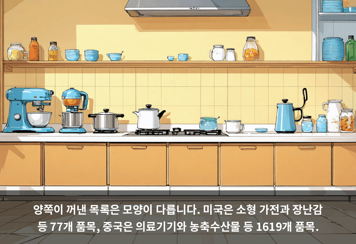 양쪽이 꺼낸 목록은 모양이 다릅니다. 미국은 소형 가전과 장난감 등 77개 품목, 중국은 의료기기와 농축수산물 등 1619개 품목.