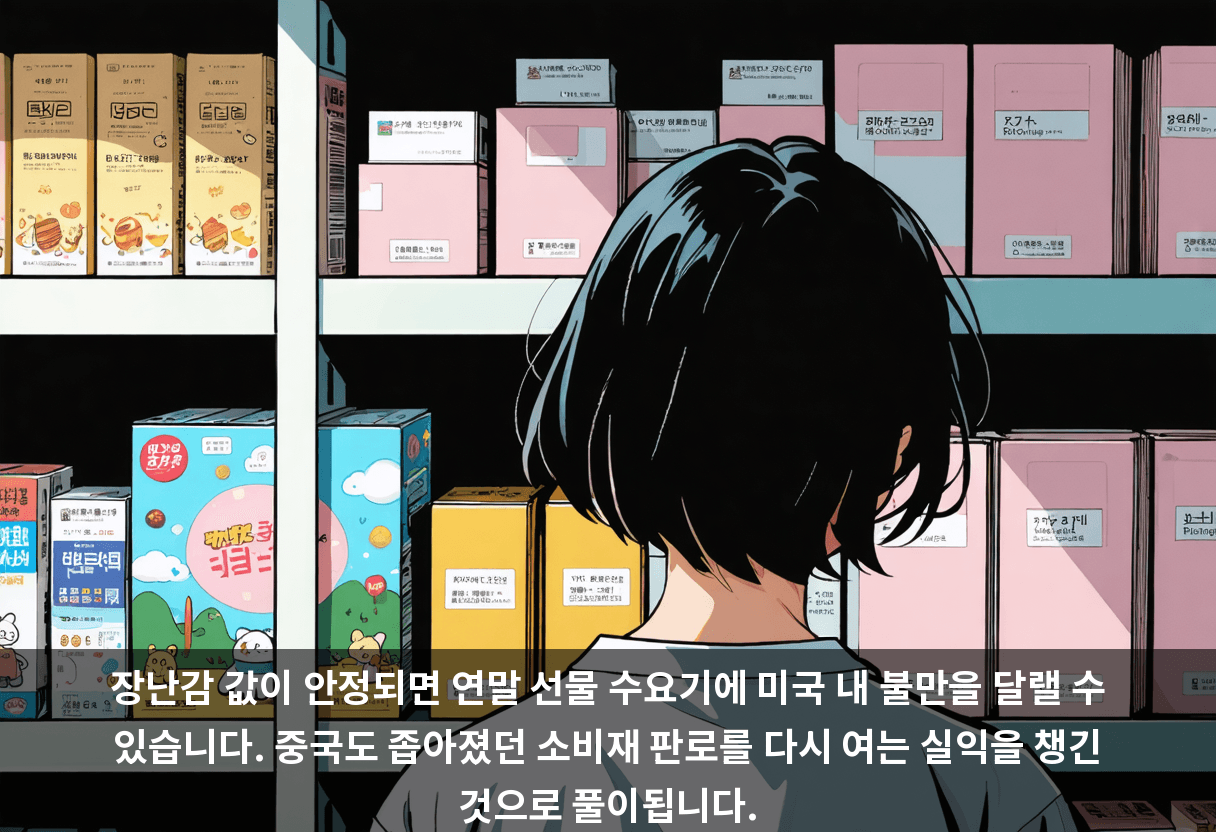 장난감 값이 안정되면 연말 선물 수요기에 미국 내 불만을 달랠 수 있습니다. 중국도 좁아졌던 소비재 판로를 다시 여는 실익을 챙긴 것으로 풀이됩니다.