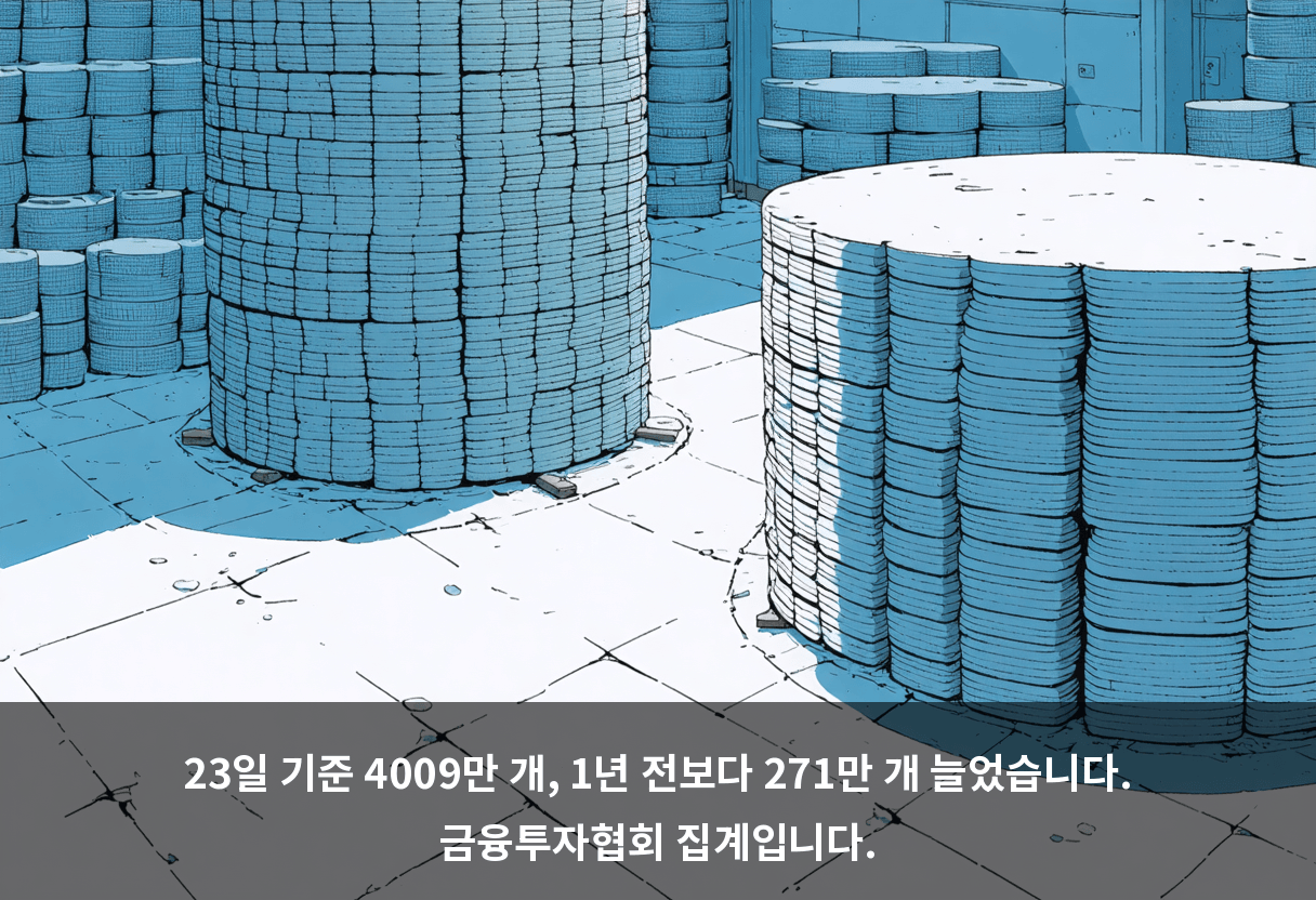 23일 기준 4009만 개, 1년 전보다 271만 개 늘었습니다. 금융투자협회 집계입니다.
