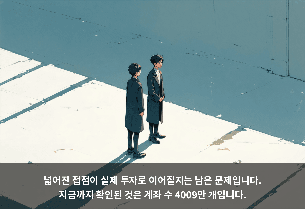 넓어진 접점이 실제 투자로 이어질지는 남은 문제입니다. 지금까지 확인된 것은 계좌 수 4009만 개입니다.