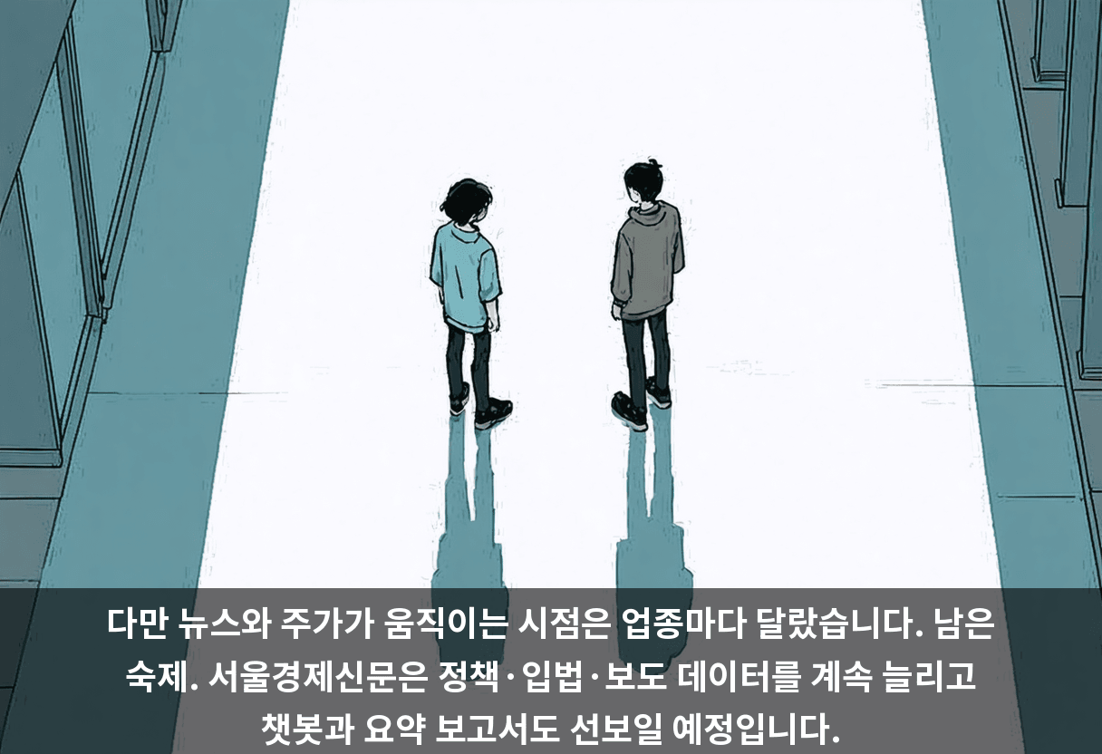 다만 뉴스와 주가가 움직이는 시점은 업종마다 달랐습니다. 남은 숙제. 서울경제신문은 정책·입법·보도 데이터를 계속 늘리고 챗봇과 요약 보고서도 선보일 예정입니다.
