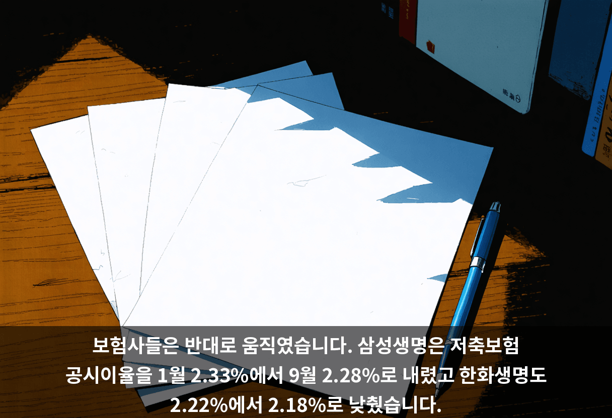 보험사들은 반대로 움직였습니다. 삼성생명은 저축보험 공시이율을 1월 2.33%에서 9월 2.28%로 내렸고 한화생명도 2.22%에서 2.18%로 낮췄습니다.