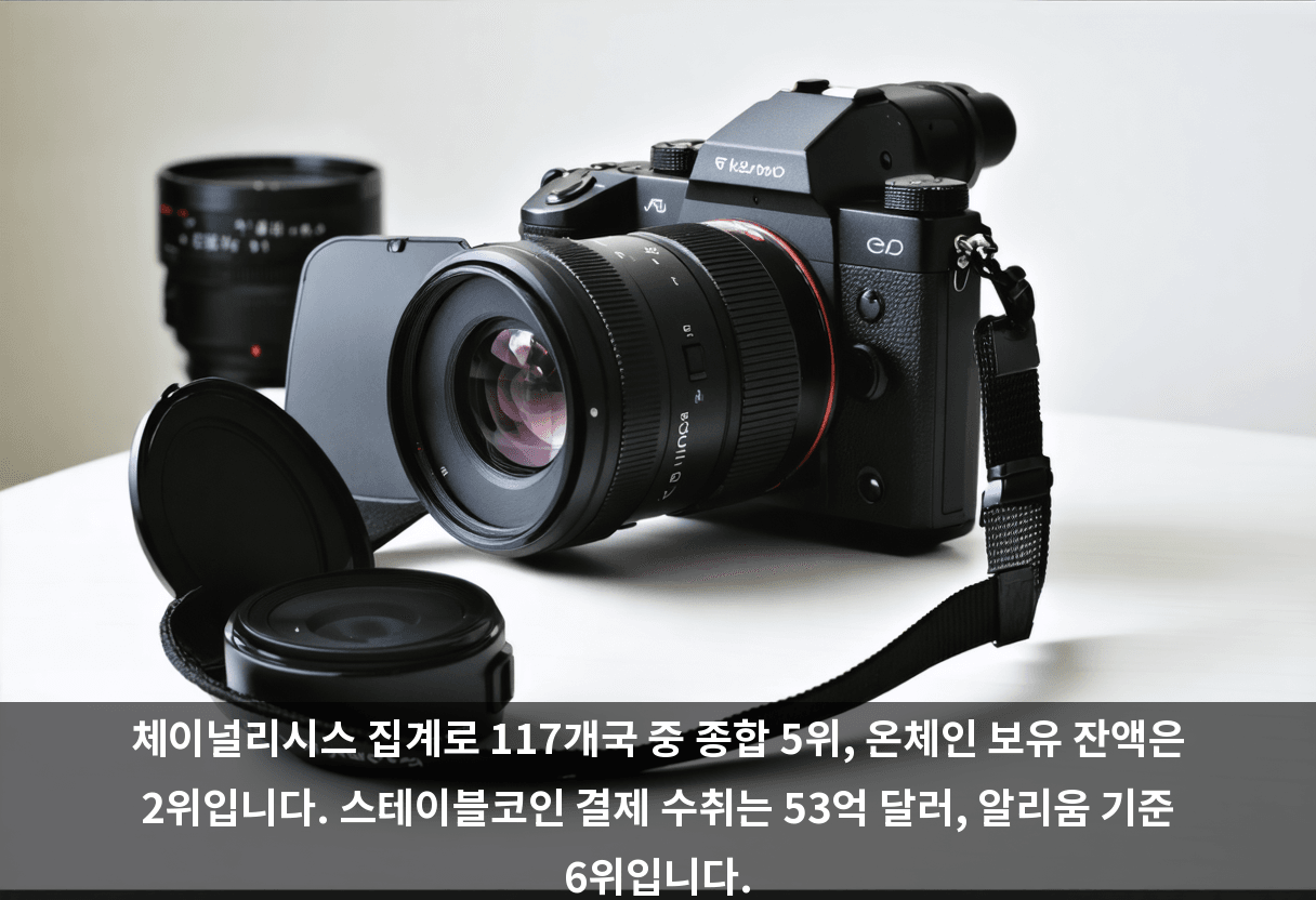 체이널리시스 집계로 117개국 중 종합 5위, 온체인 보유 잔액은 2위입니다. 스테이블코인 결제 수취는 53억 달러, 알리움 기준 6위입니다.