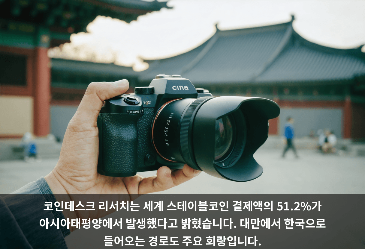 코인데스크 리서치는 세계 스테이블코인 결제액의 51.2%가 아시아태평양에서 발생했다고 밝혔습니다. 대만에서 한국으로 들어오는 경로도 주요 회랑입니다.
