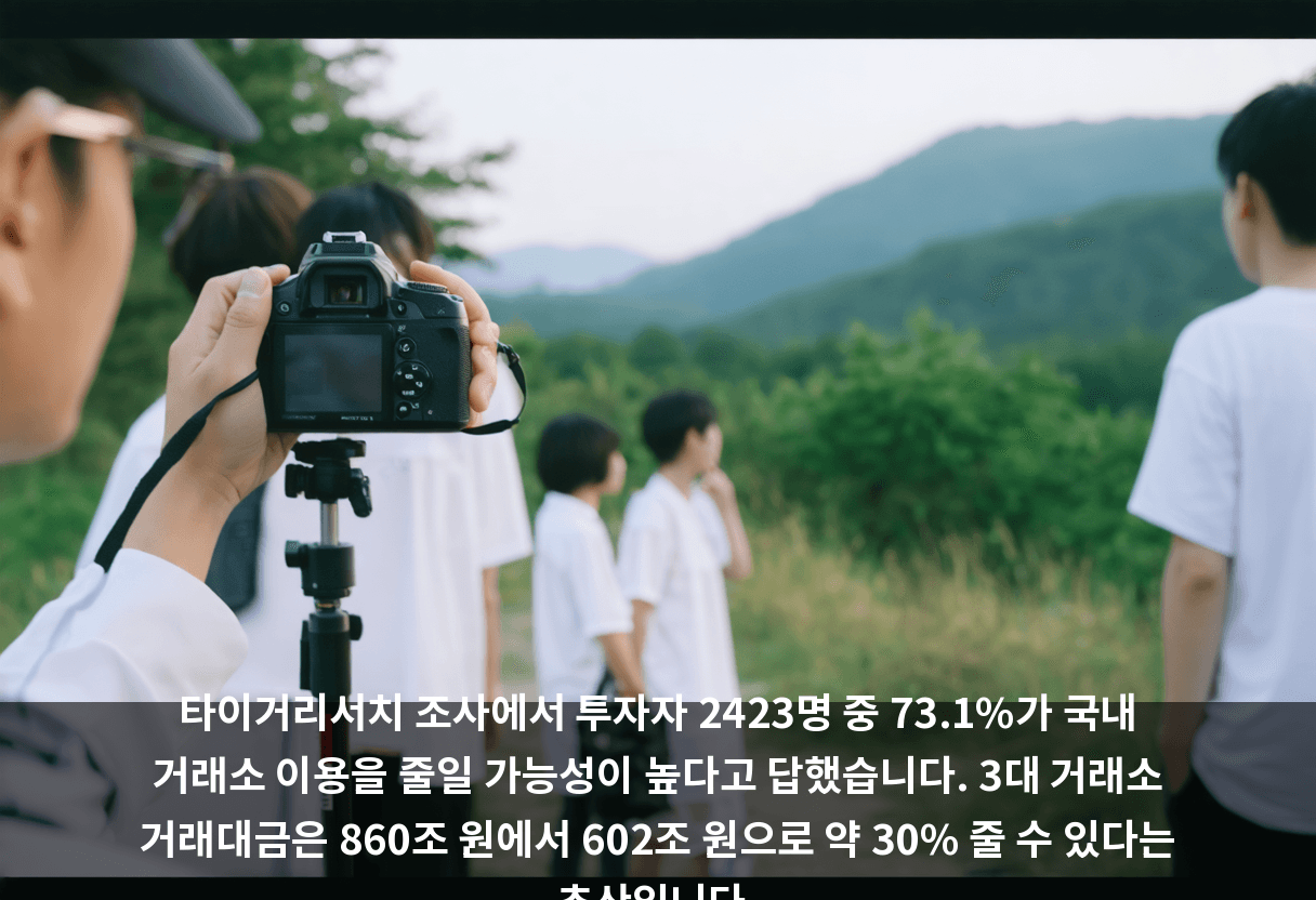 타이거리서치 조사에서 투자자 2423명 중 73.1%가 국내 거래소 이용을 줄일 가능성이 높다고 답했습니다. 3대 거래소 거래대금은 860조 원에서 602조 원으로 약 30% 줄 수 있다는 추산입니다.