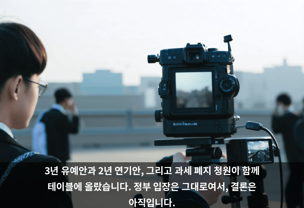 3년 유예안과 2년 연기안, 그리고 과세 폐지 청원이 함께 테이블에 올랐습니다. 정부 입장은 그대로여서, 결론은 아직입니다.