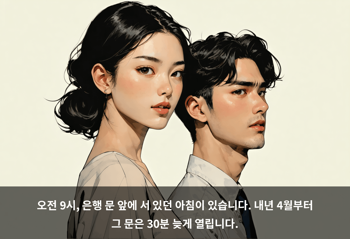 오전 9시, 은행 문 앞에 서 있던 아침이 있습니다. 내년 4월부터 그 문은 30분 늦게 열립니다.